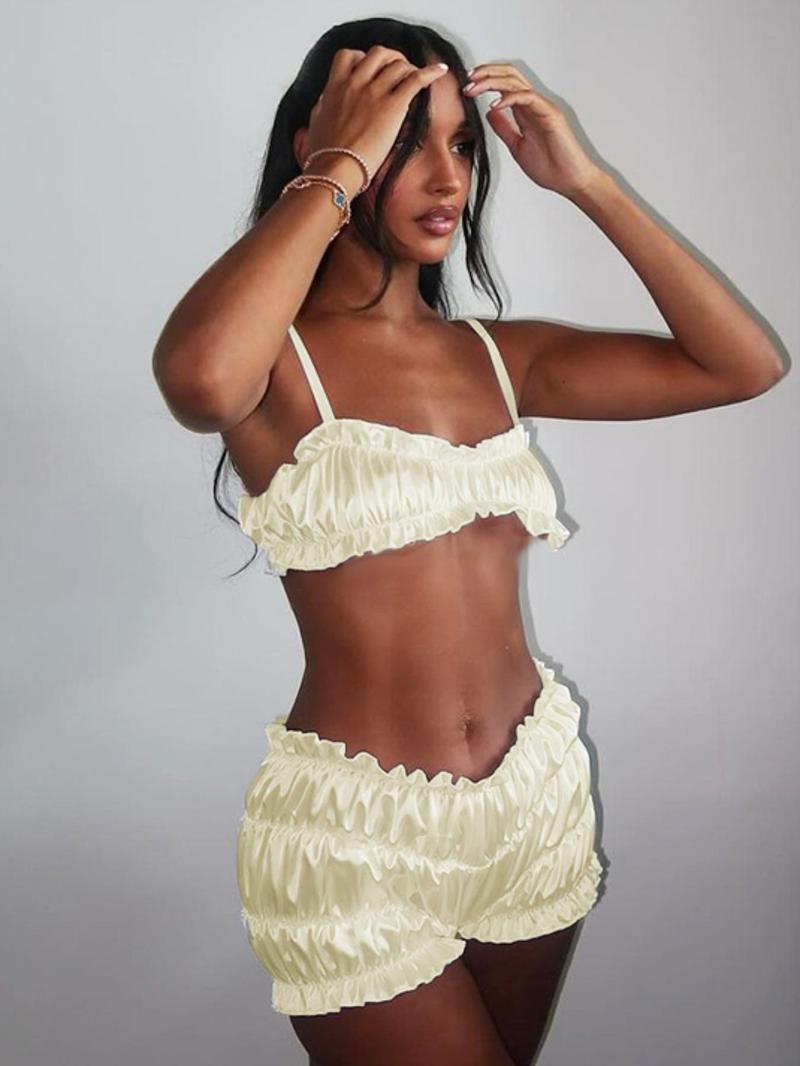 Women's Solid Frill Trim Crop Cami Top & Ruched Shorts Two-piece Set, Adjustable Spaghetti Strap Lingerie Top & Shorts Satin Set, Women's Clothes for Summer, Summer 2 Piece Set, Womenswear, Underwear, Lady