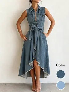 Vintage Blue Sleeveless Summer Waist-Tied Denim Dress, Front Button Closure, Asymmetrical Hem, Women's Casual Office Wear, Medium-Length