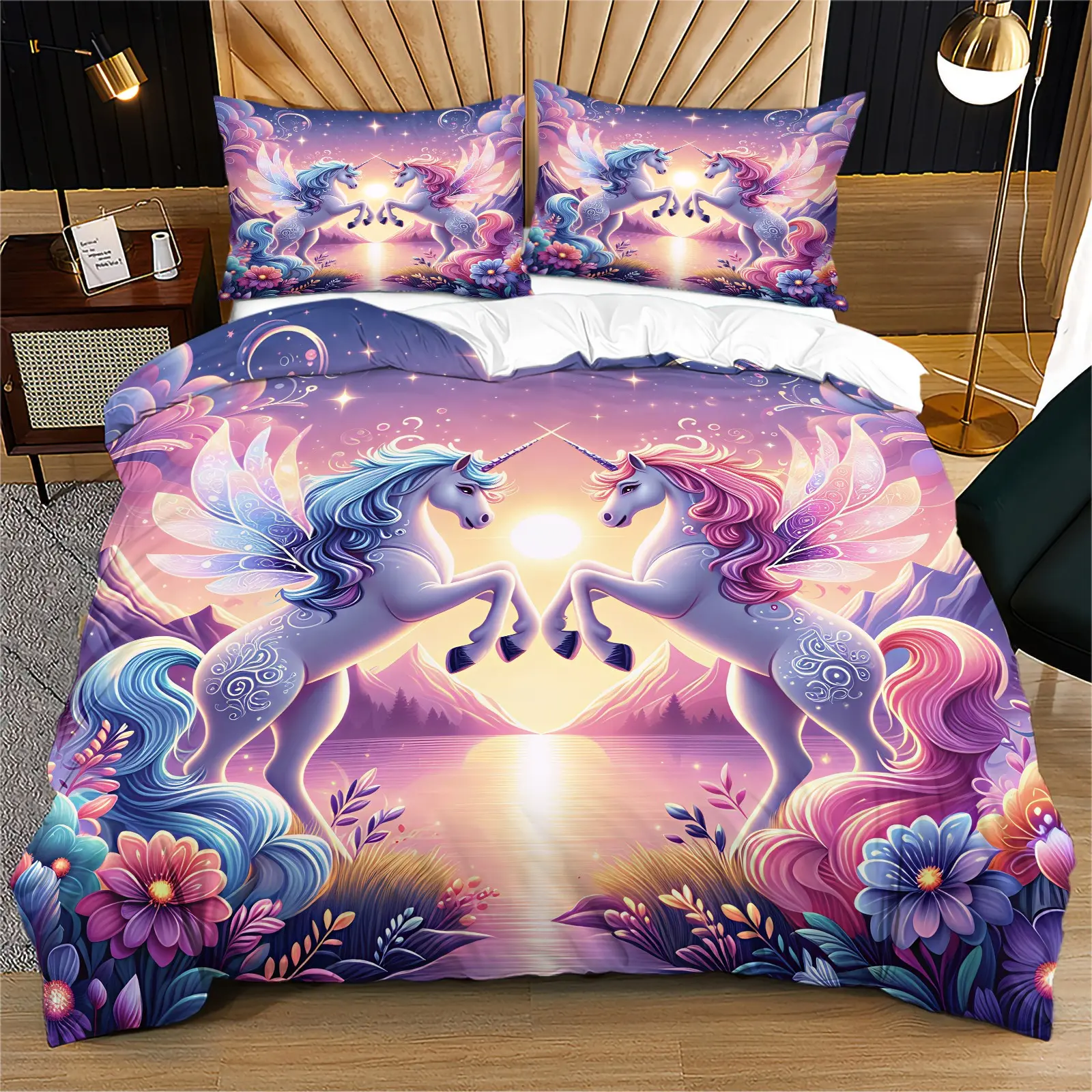 2/3PCS Dreamy Gradient Pink‑Purple‑Blue Twin Unicorn Print Duvet Cover Set,Hidden Zipper Design,Multi‑Colors Available,Back‑to‑School Gift,NO Comforter & Pillow Inserts Included