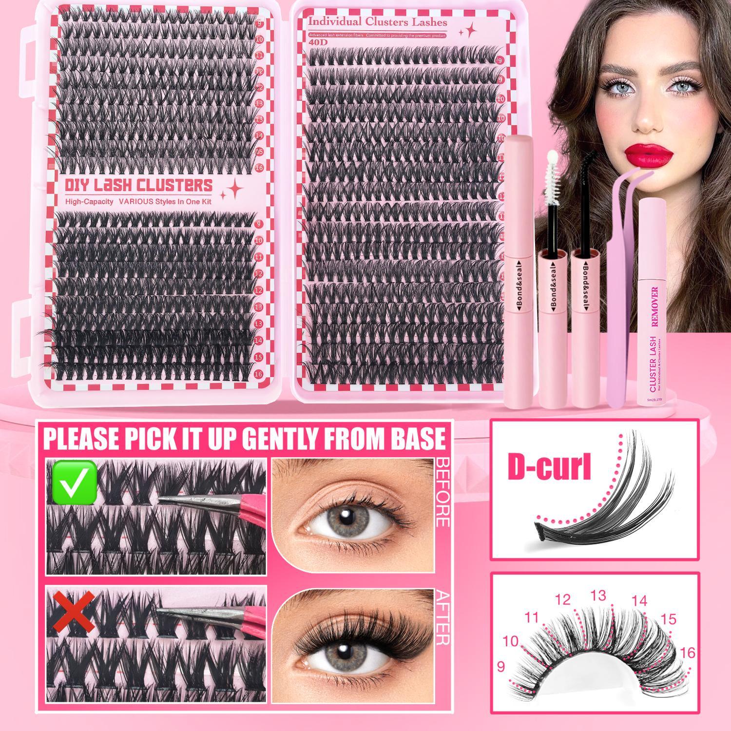Eyelash Extension Kit, 2-in-1 Lash Bond & Seal with Lash Clusters and Tweezers, Reusable DIY Lash Clusters for Beginners at Home, Eyelash Glue & Tools Included, Eyelash Fixer, Eyelash Extension Set
