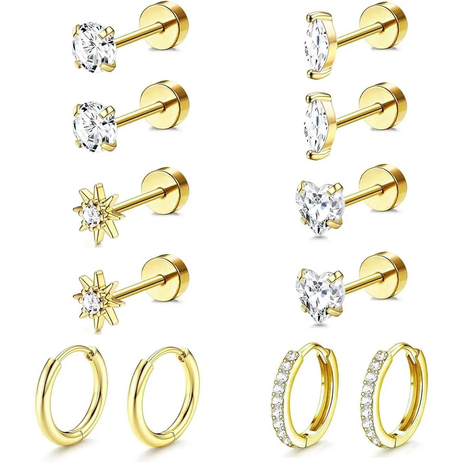 Hypoallergenic Flat Back Earrings for Women Silver 14K Gold Plated Surgical Stainless Steel Stud Earrings Cubic Zirconia Cartilage Studs Earrings For Multiple Piercing Sensitive Ears