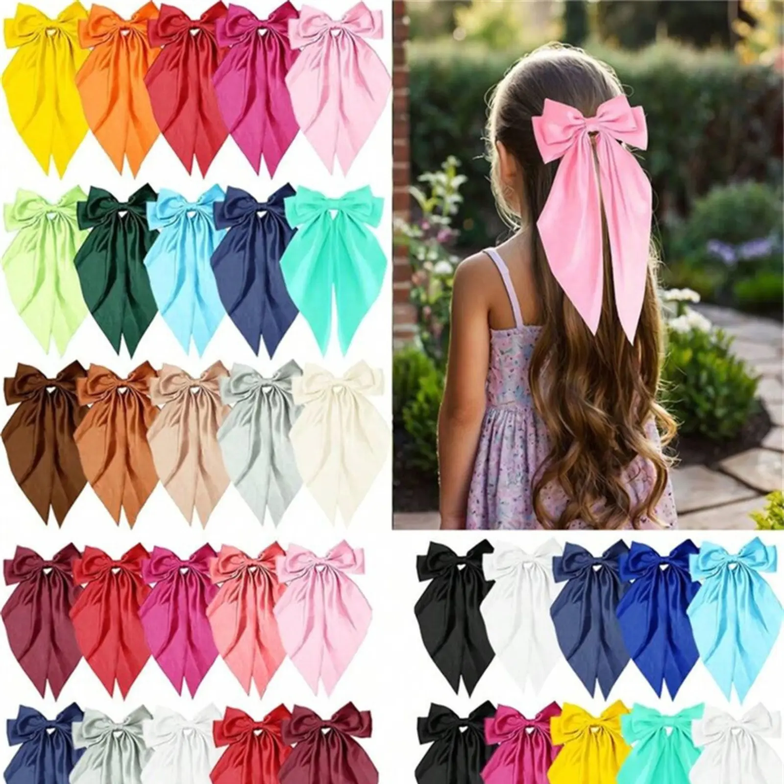 Solid Color Satin Bow Hair Claw with Streamers, large spring hair clip for women. Elegant back-head hair accessory, soft and stylish, perfect for daily looks, dating and casual occasions.