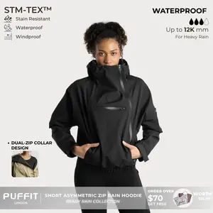 PUFFIT STM-TEX Short Rain Hoodie With Asymmetric Zip and Adjustable Hem,Chest Pocket Design,Spring Hooded Jacket,Waterproof Jacket,Women Jacket,Spring Jacket,Windbreaker,Dog Walking,School Running,Football Mum,Stylish,Womenswear