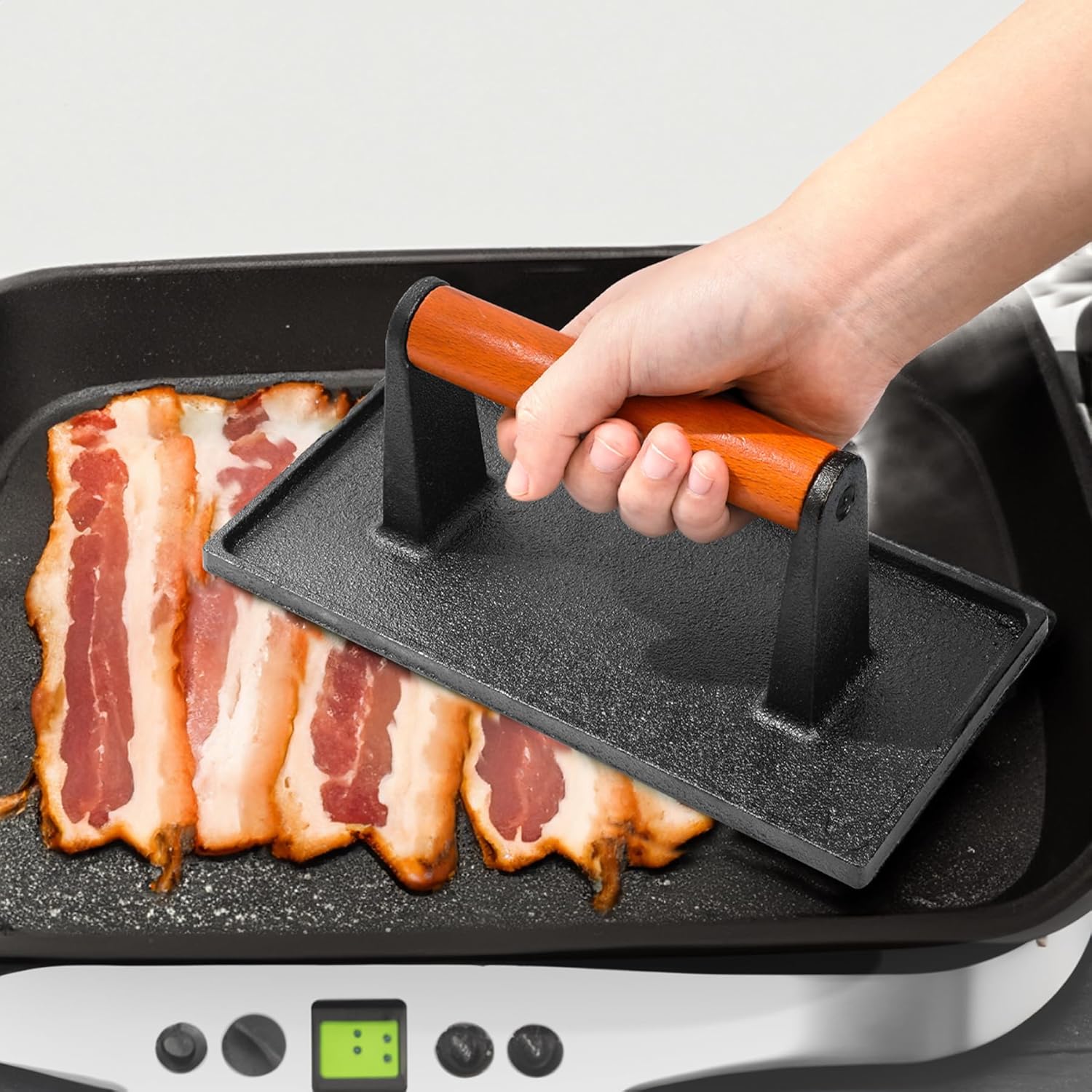 Cast Iron Bacon Press for Griddle - Heavy Duty Smash Burger Press, Grill Press with Ergonomic Wooden Handle, Meat Press for Flat Top Grill, Ideal for Burgers, Bacon, and Steaks 2 pcs Kitchen Utensils Cooking Steel