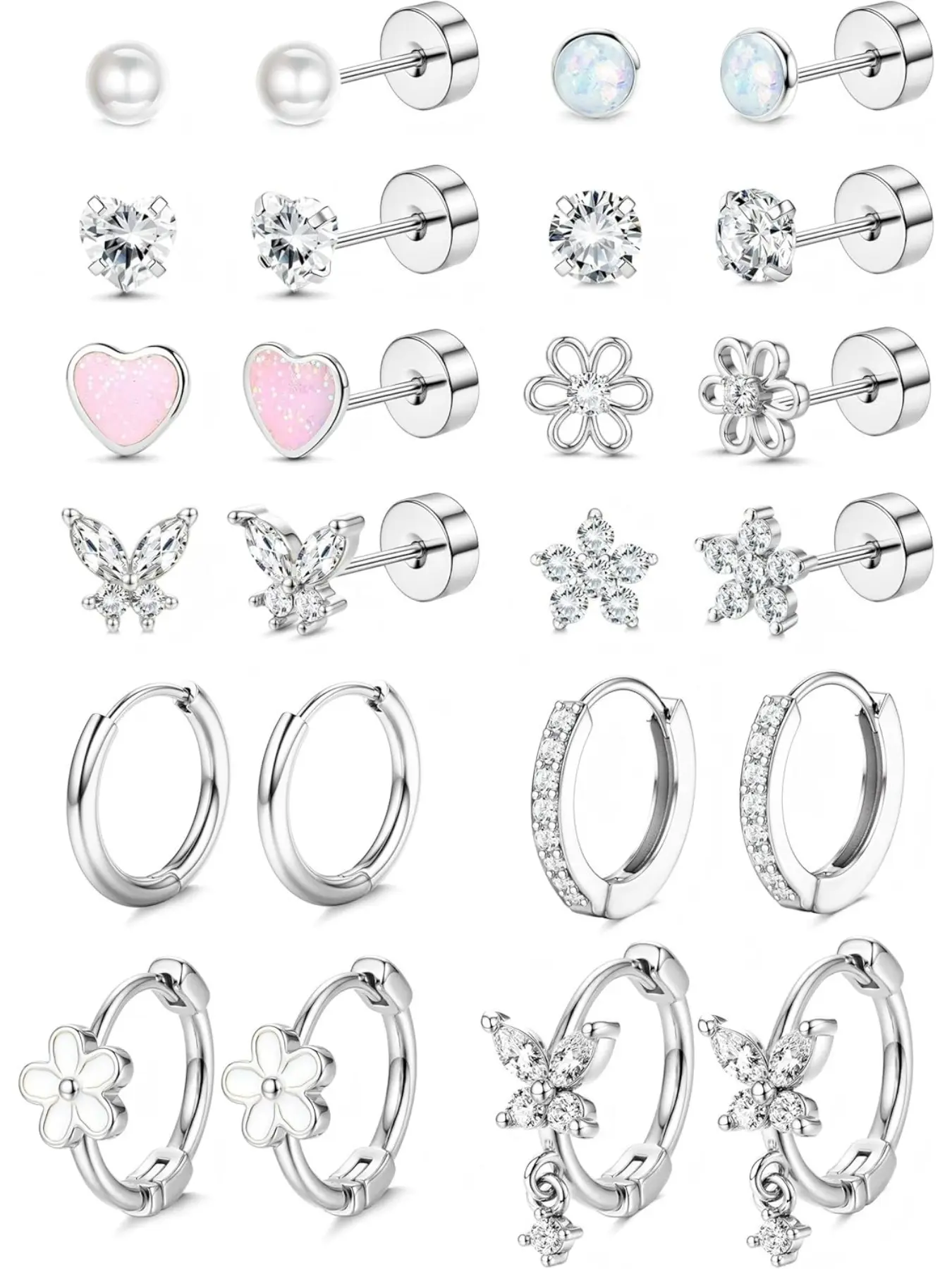 Hypoallergenic Flat Back Earrings for Women Girls Teen Kids Toddler | Stainless Surgical Steel Earrings for Sensitive Ears,Screw Back Flatback Stud,Hoop,Cartilage Earring Stacks,12 Pairs Cute Set