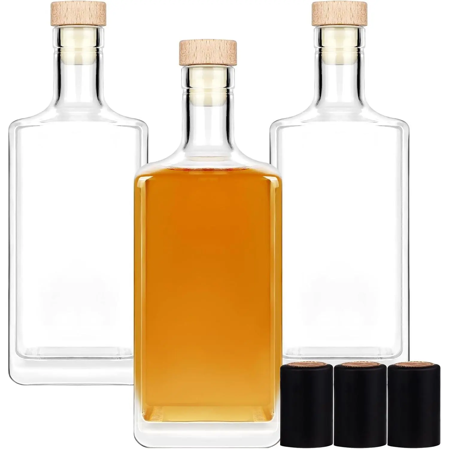 3 Pack 500ml/16oz Square Glass Bottles with Lids - Empty Clear Bottles with Cork and Cap for Wine, Liquor, Vodka, Brandy, Whiskey, Beer, Water, Soda