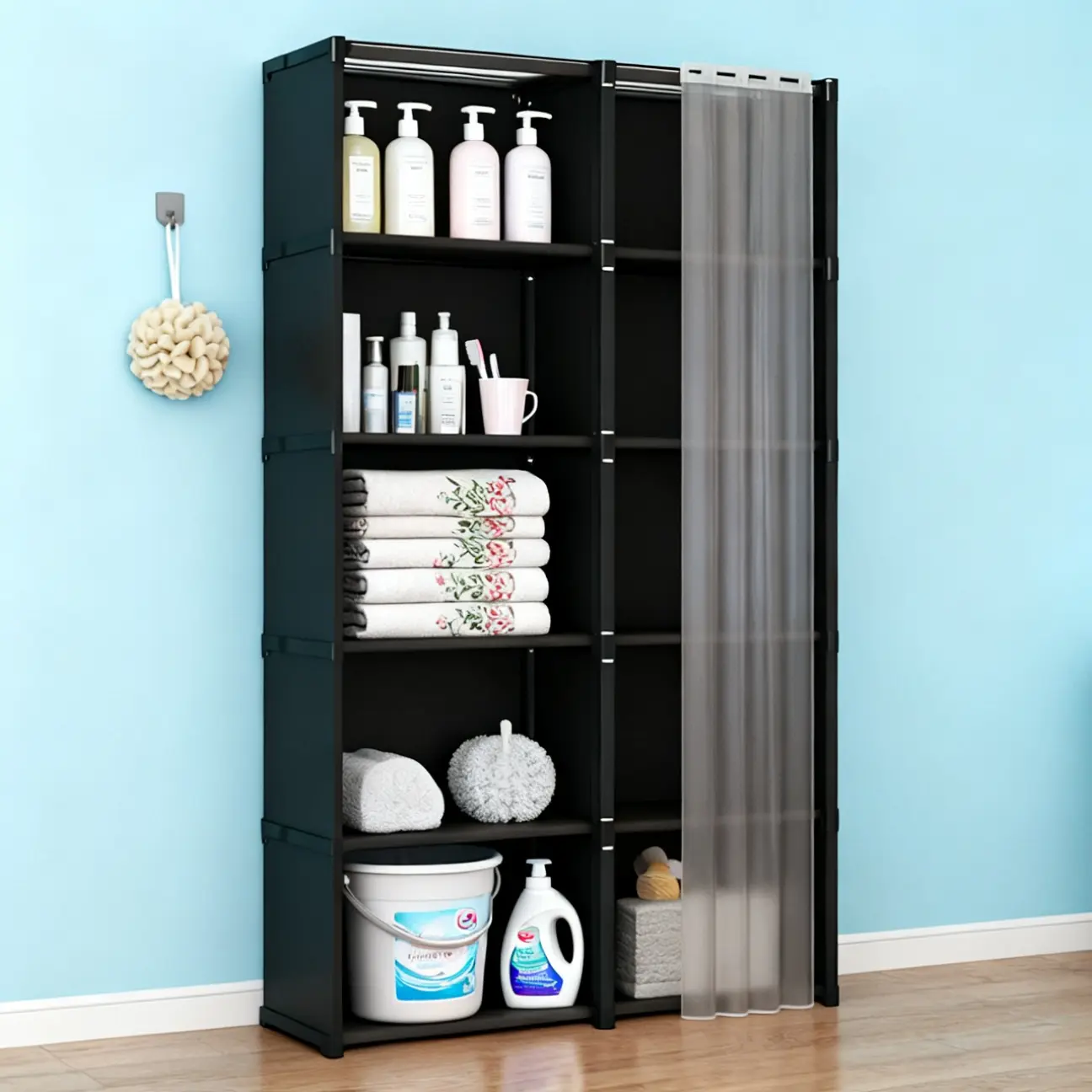 1 piece double-row five-layer and six-layer floor-standing bathroom shelf storage rack, black and white double-row open storage cabinet, bathroom display rack for personal care products, multi-functional storage rack for home dormitory.