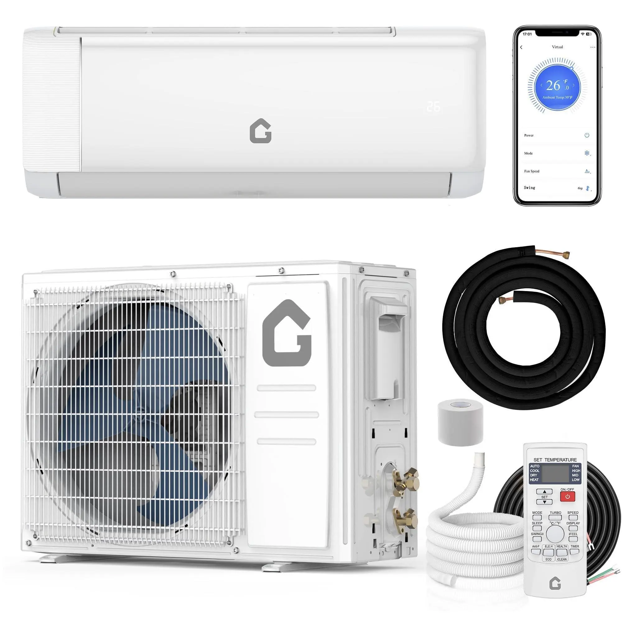 GARVEE 9000 BTU Mini Split AC w/Remote Control19 SEER2 Cools Up to 450 Sq. Ft,Ductless Inverter Mini Split System w/0.75 Ton Heat Pump Pre-Charged & Installation Kit, Ultra-Quiet