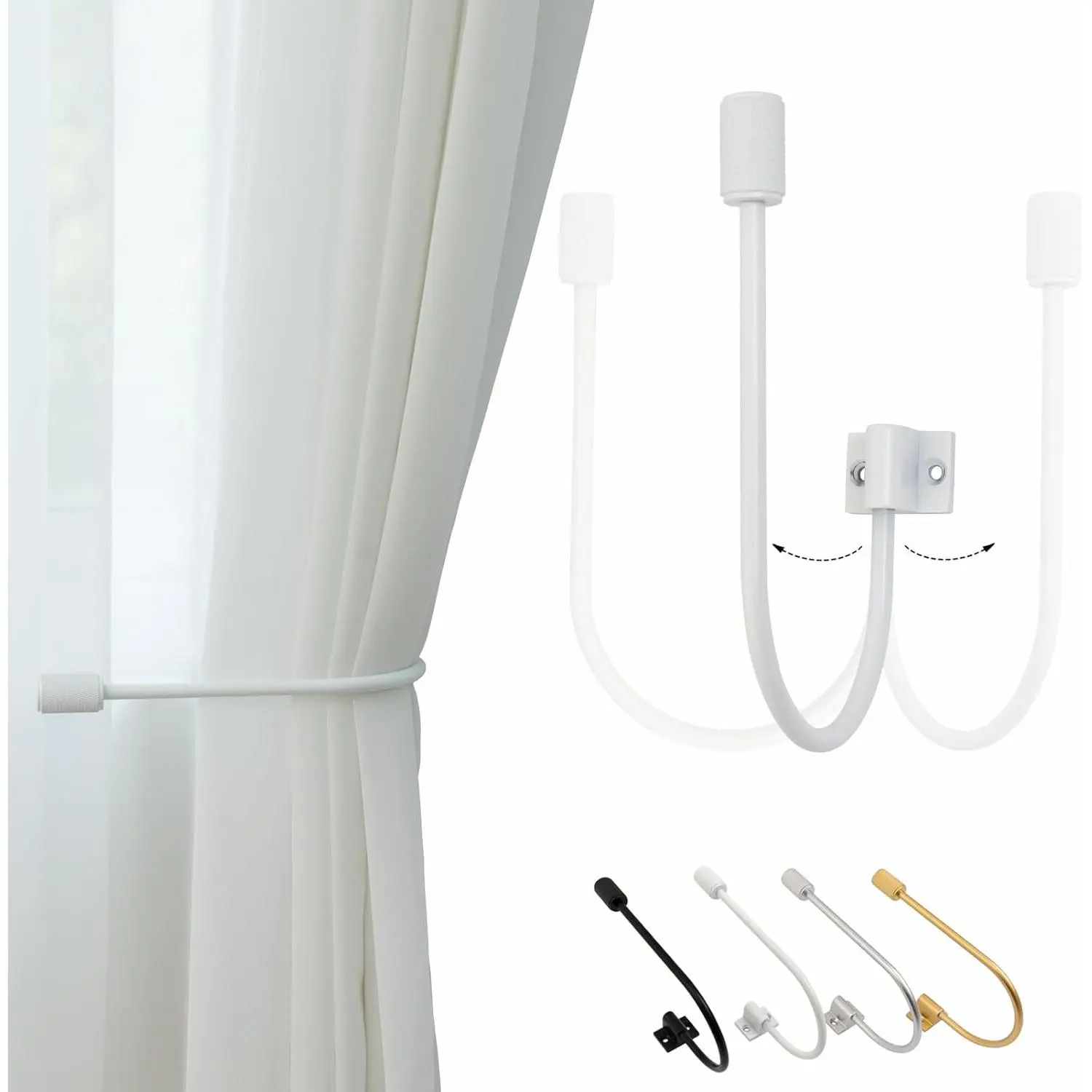 Metal Curtain Tiebacks Hooks Wall Mounted Decorative Drapery Holder 2 Pack Window Curtain Holdback Hook, White Cylindrical