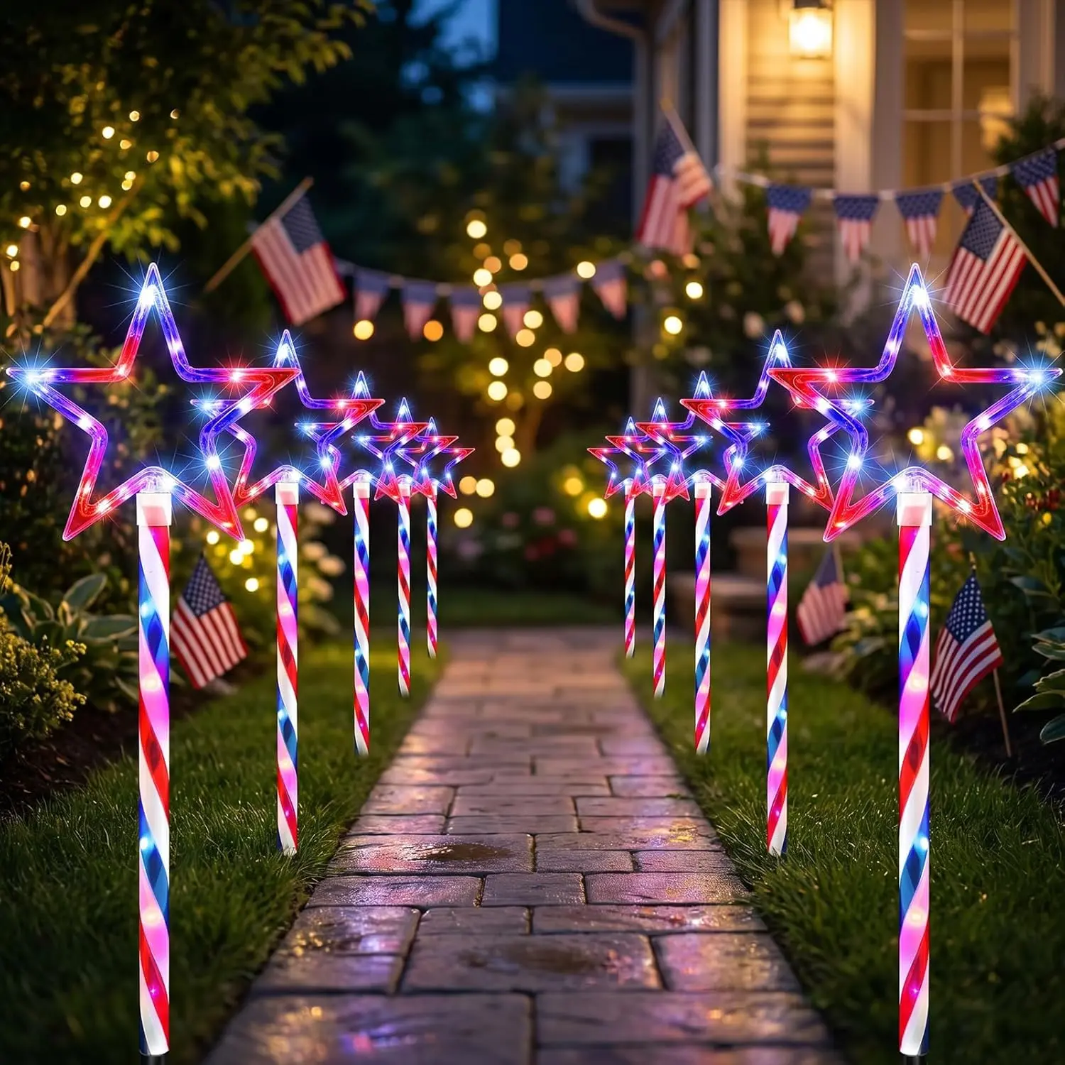12 Packs 240 LEDs USA Star Pathway Lights, 4th of July Decorations Outdoor, Red Blue White Star Lights w/ 8 Modes Lighting, Waterproof Patriotic Stake Lights for Memorial Day Independence Day
