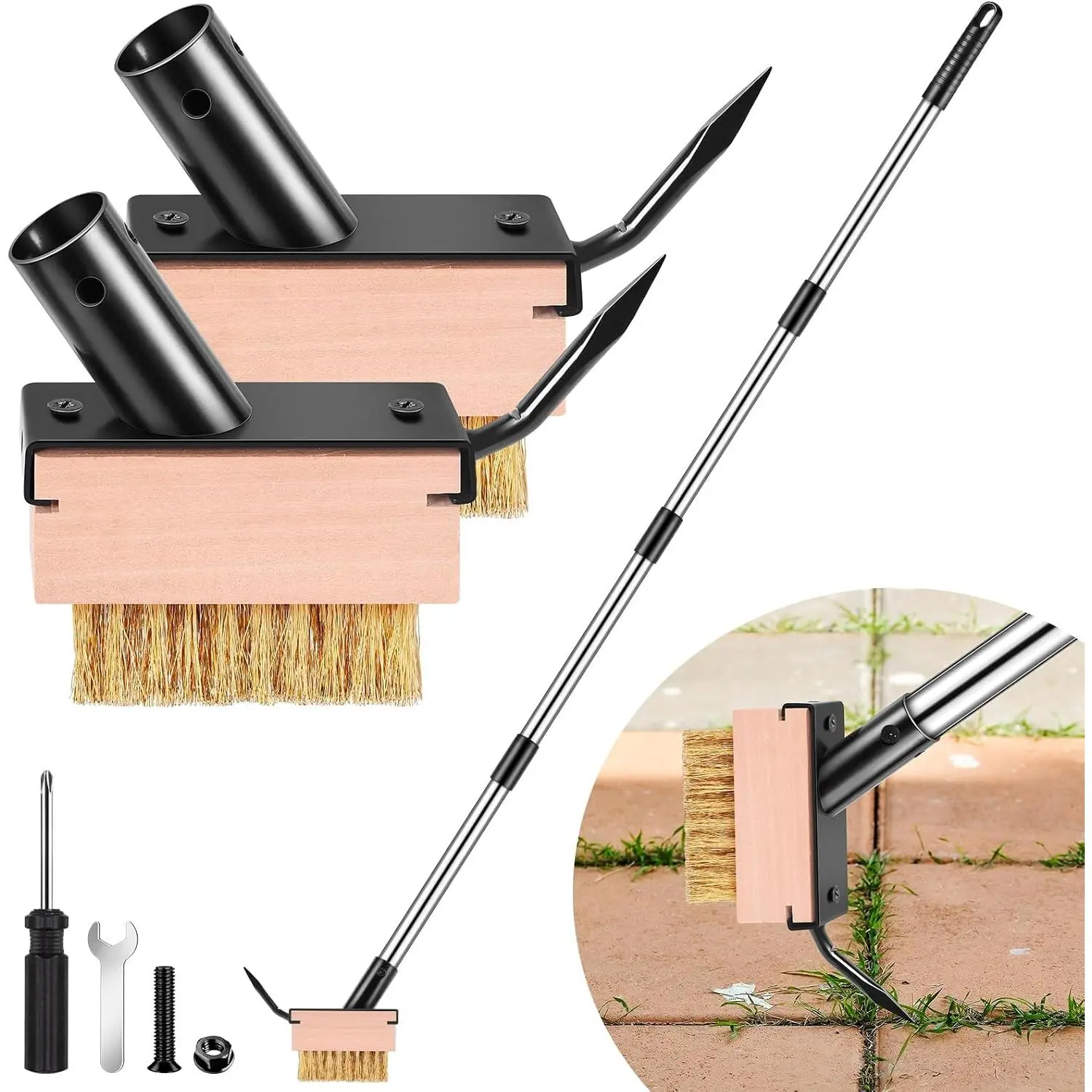 Crack Weeder Tool - Weed Puller Tool with 2 Heads and Scraping Hook, Paver Weeding Moss Remover Brush with Adjustable Steel Handle for Cleaning Paving Joint Sidewalk Patio Stone Driveway Deck