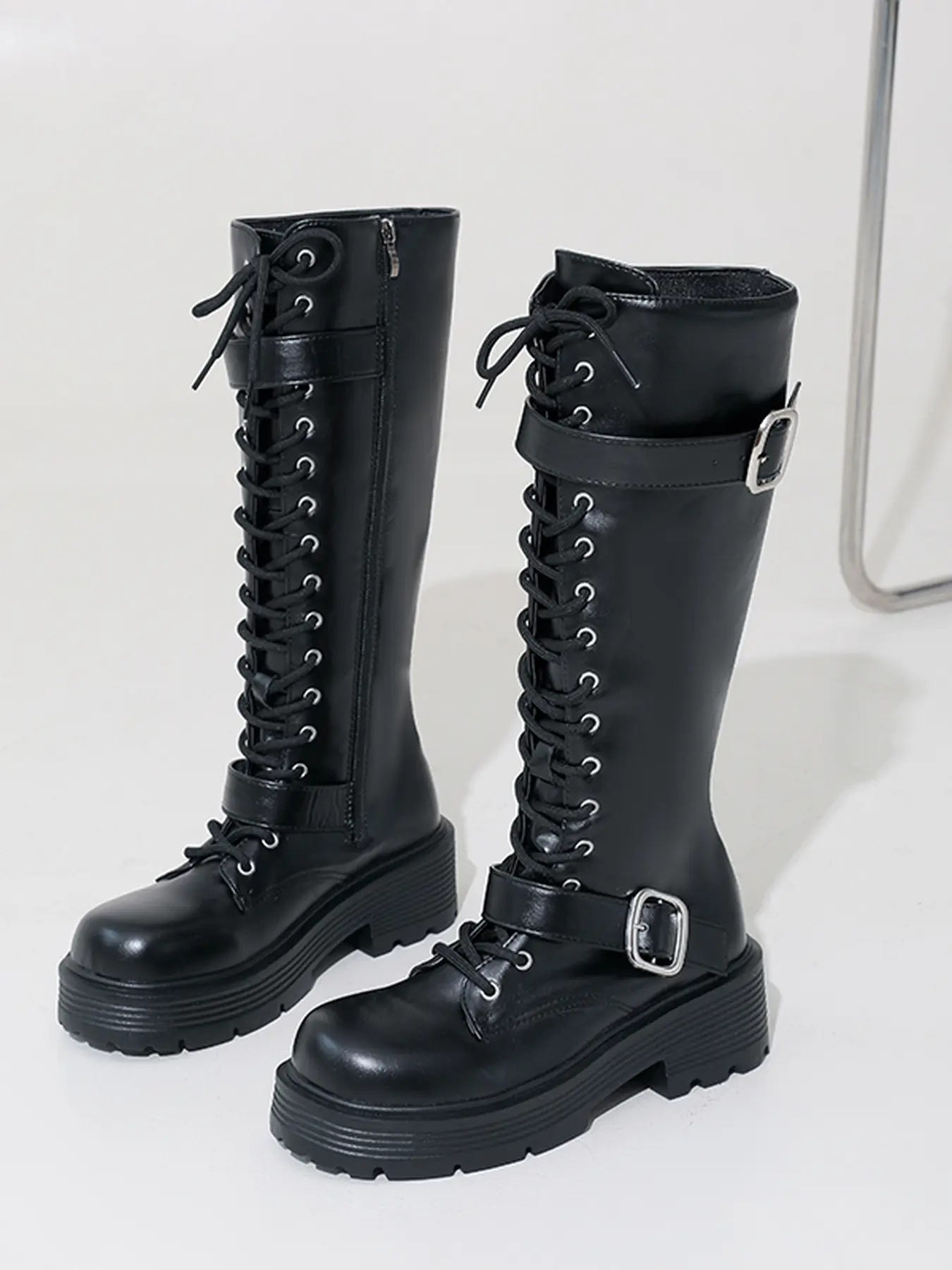 Black Knee High Platform Boots Lace Up Chunky Sole Combat Boots with Buckle Side Zipper Gothic Punk Shoes