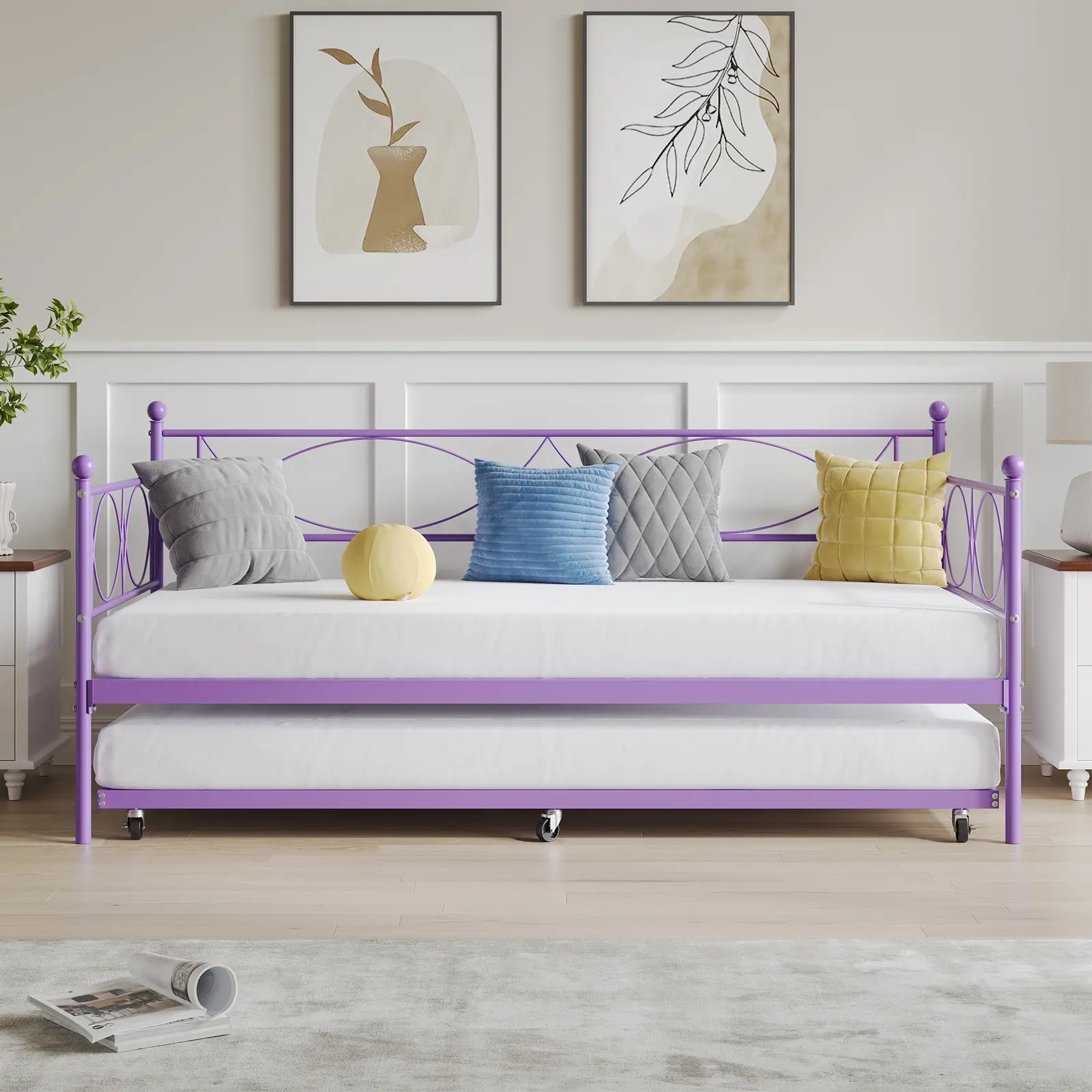 Curved Diamond Metal Bed Frame with Rolling Trundle Bed, Black Heavy-Duty Steel Platform Bed Base for Guest Kids Bedroom, No Extra Box Spring Needed