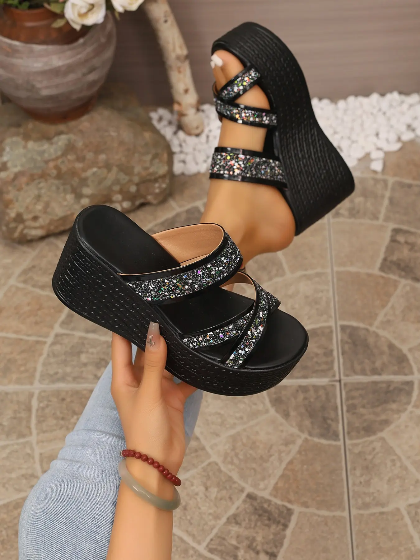 Women Open Toe Wedge Slide Sandals Trendy Multi Crisscross Glitter Straps Platform Slip On Mule Wedges Beach Vacation Shopping Casual Daily Outdoor Outfits 1 Color Black Multicolor Glitter