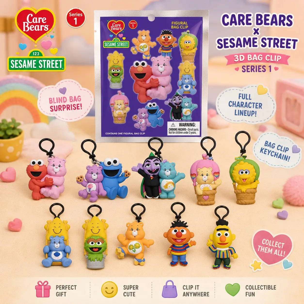 Care Bears X Sesame Street Blind Bag Keychain, Elmo Cookie Monster Charm, Y2K Aesthetic Gift, Kawaii Collectible Keyring, Back to School