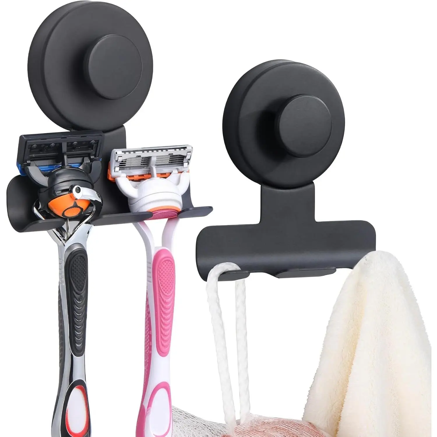 Suction Cup Razor and Shaver Holder for Shower, Heavy-Duty Stainless Steel No-Drill Bathroom Wall Hook for Towel, Loofah, Damage-Free and Reusable, Easy Install and Remove (2, Matte Black)