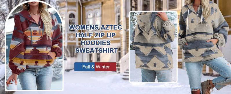 FMEYOA Womens Christmas Aztec Half Zip Up Hoodies Sweatshirt Casual Long Sleeve Oversized Ethnic Tribal Hooded Pullover Shirt Top