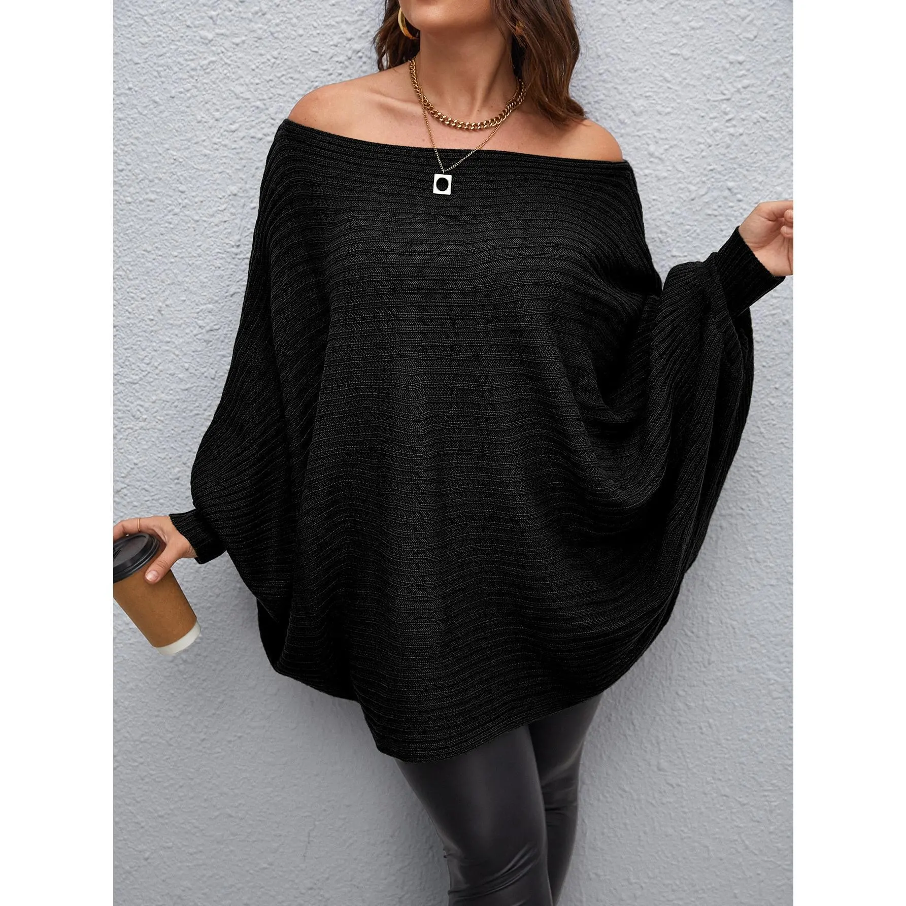 Women's Plus Size Off-The-Shoulder Batwing Long Sleeve Knitwear Pullover, Comfortable Casual Fabric Top, Loose Fit