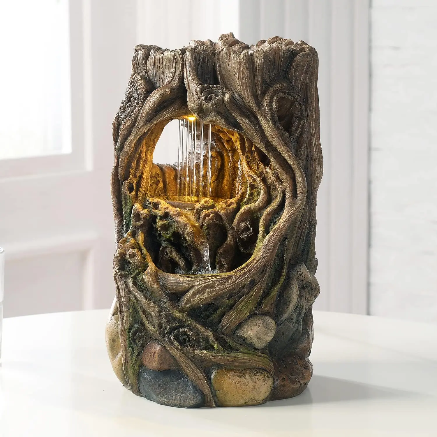 Indoor Water Fountain Stump Rain Drop Meditation Desk Fountain Artistic Relaxation Waterfall for  and Office Decor (22013)