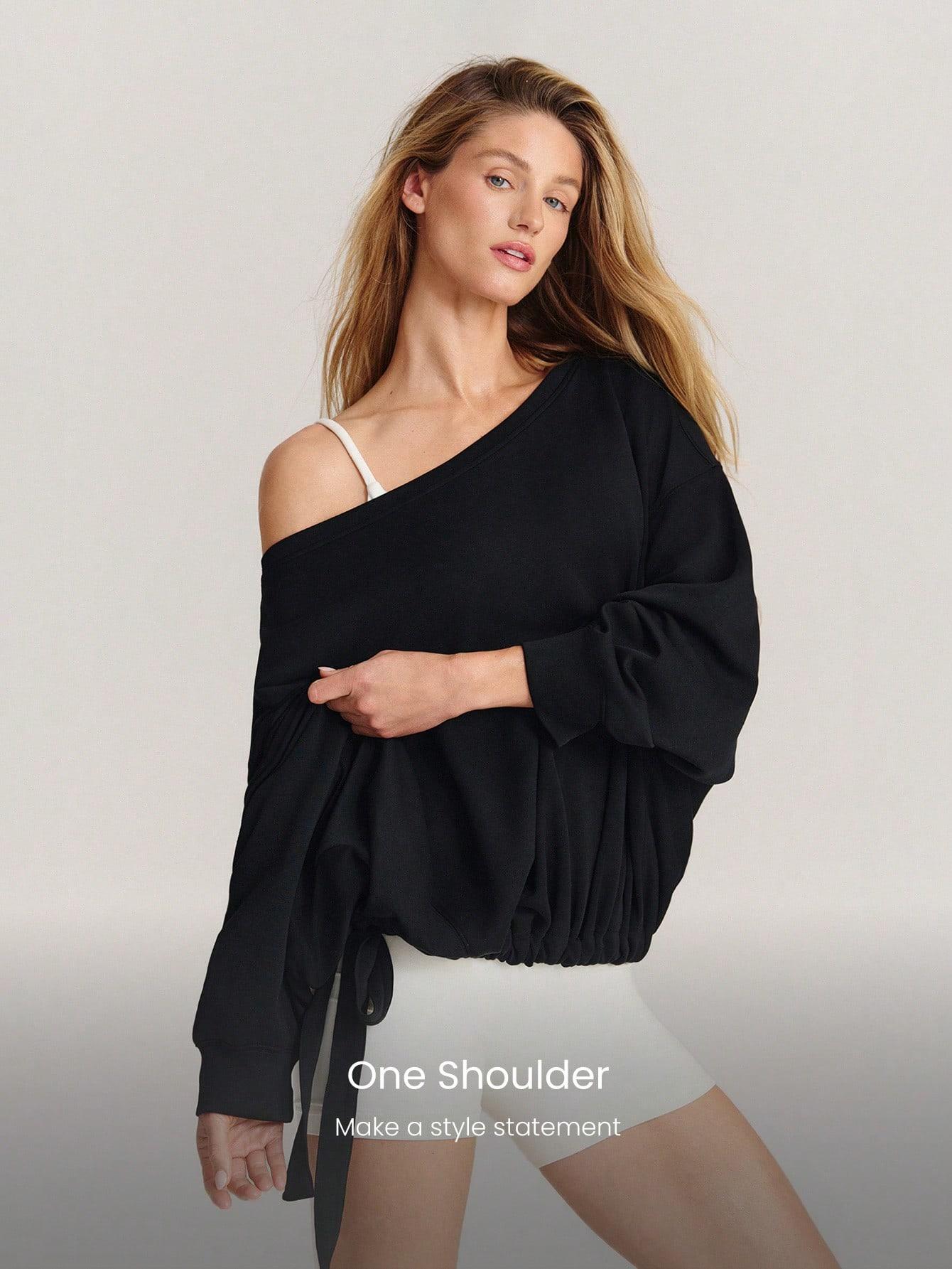 GLOWMODE SoftSerene Modal Own Your Flow Soft Silky-Smooth Breathable Waist Length Adjustable Drawstring Hem One-Shoulder Pullover Sweatshirt Daily Casual Wear