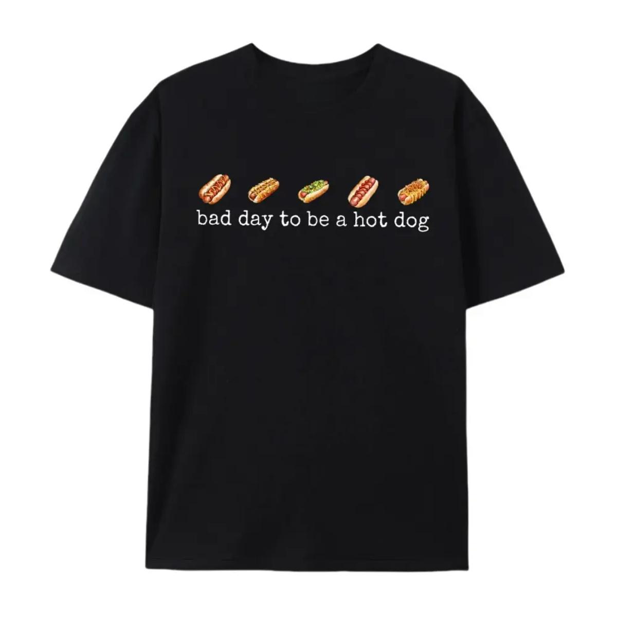 Crew Neck Cotton Polyester T-Shirt, "Bad Day To Be A Hot Dog" Printed Graphic Funny T-Shirt, y2k Fashion Casual Streetwear Humor Shirt for Men Women, Comfortable & Breathable Material, Trendy Aesthetic Outfit 2026, Gifts, SuperYi