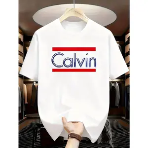 Men’s Minimalist Name Print T-Shirt, “Calvin” Letter Graphic Casual Short Sleeve Crew Neck Tee, Soft Breathable Fabric, Comfortable Relaxed Fit Everyday Top, Simple Street Style Gift Idea