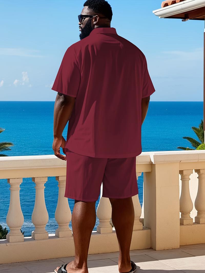 Plus Size Men's Short Sleeve Suit 2pcs Fashion Summer Sportswear Casual Suit with Solid Color Shorts for Comfortable Wear