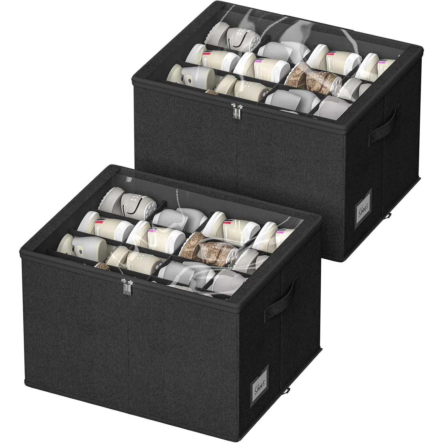 Shoe Organizer for Closet, 2 Pack Foldable Shoe Storage Box with Clear Cover and Adjustable Dividers, Stackable Storage Bins for Boots, Fits up to 32 Pairs (Black, 19.7 × 15.7 × 12.6 in)