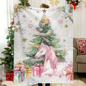 +Christmas Elements 1Pc, Vintage Watercolor, Pink Unicorn, Gold Texture, Gift, Snowflakes, Christmas, Print Blanket Soft And Warm Blanket, Great Holiday Gifts For Classmates, Friends, Family And Lovers For Naps, Camping, Travel, Cars, Office Home Decor