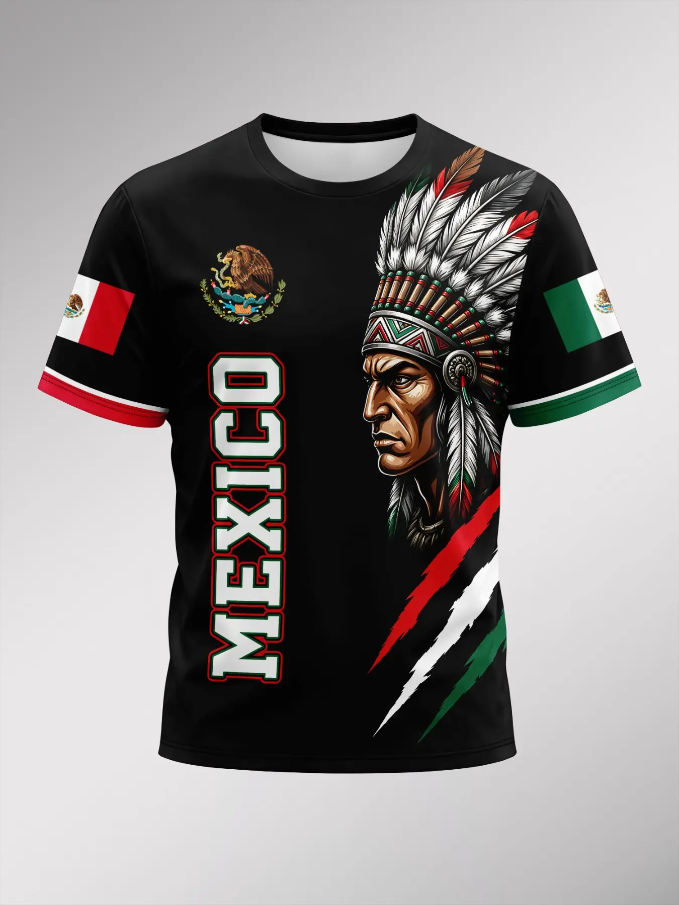 Mexican Civilization Eagle Snake Totem Aztec Warrior Full Print Classic Casual Graphic Top Round Neck Short Sleeve T-Shirt, Geometric Pattern, Slim Fit