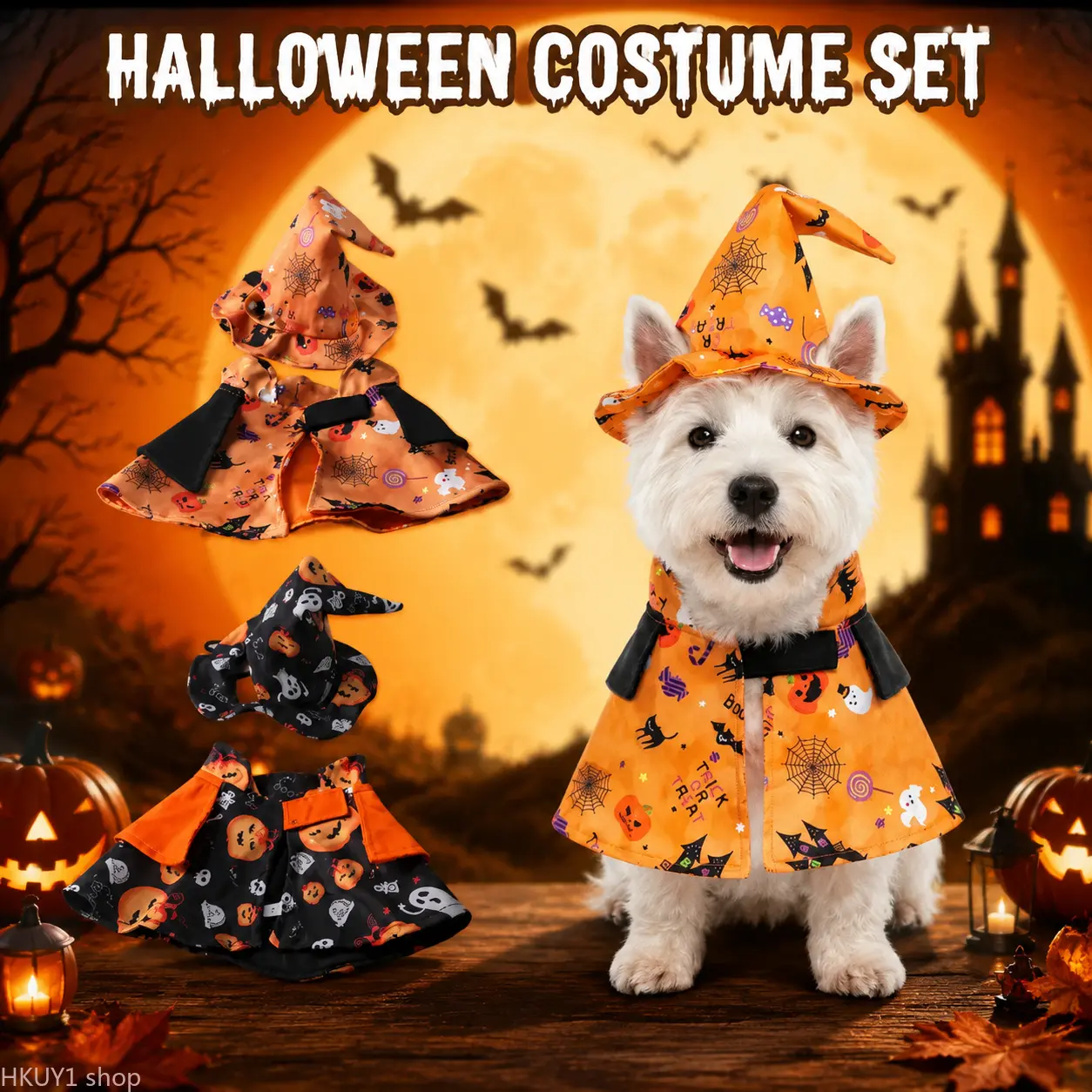 Pet Halloween Costume Set Pumpkin Cape Wizard Hat For Dogs Cats Adjustable Lightweight Cosplay Outfit Small Medium Pets Party Trick Or Treat Photo Props TikTok Viral Fall Outfit Pet Supplies Gift For Pet Lovers Aesthetic