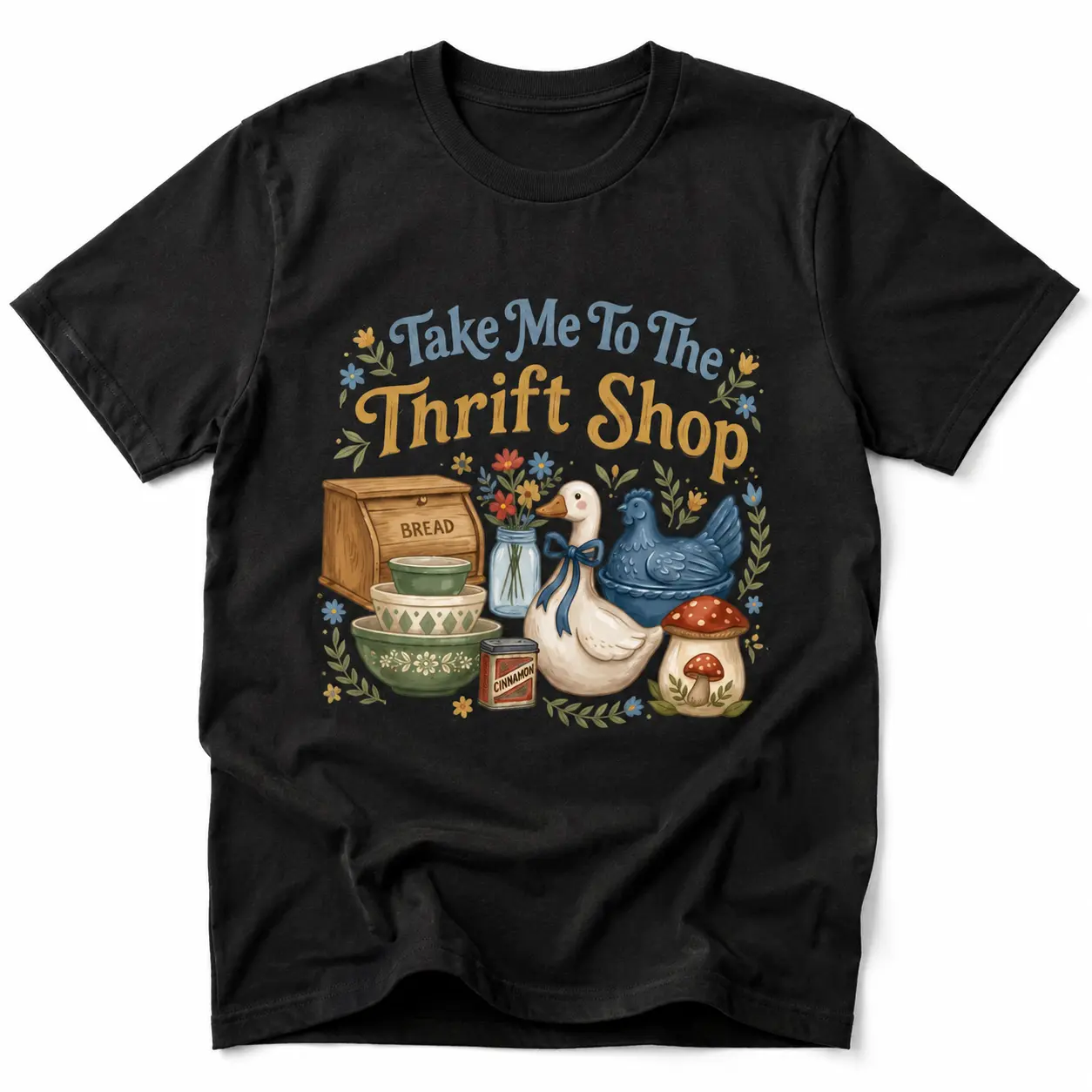 Graphic T-Shirt for Women, Vintage Cottagecore Thrift Shop Print, Cute Casual Short Sleeve Soft 100% Cotton Top