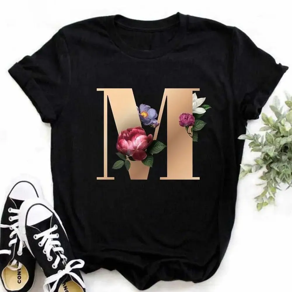 Women's English Alphabet Print T-Shirt, A B C D E Letter Graphic Black Loose Casual Harajuku Summer Couple Top