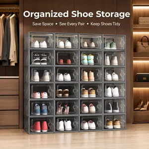 Clear Stackable Shoe Organizer, Dustproof Shoe Storage Boxes with Rear Ventilation, Easy Access Front Door for Sneakers and Daily Shoes