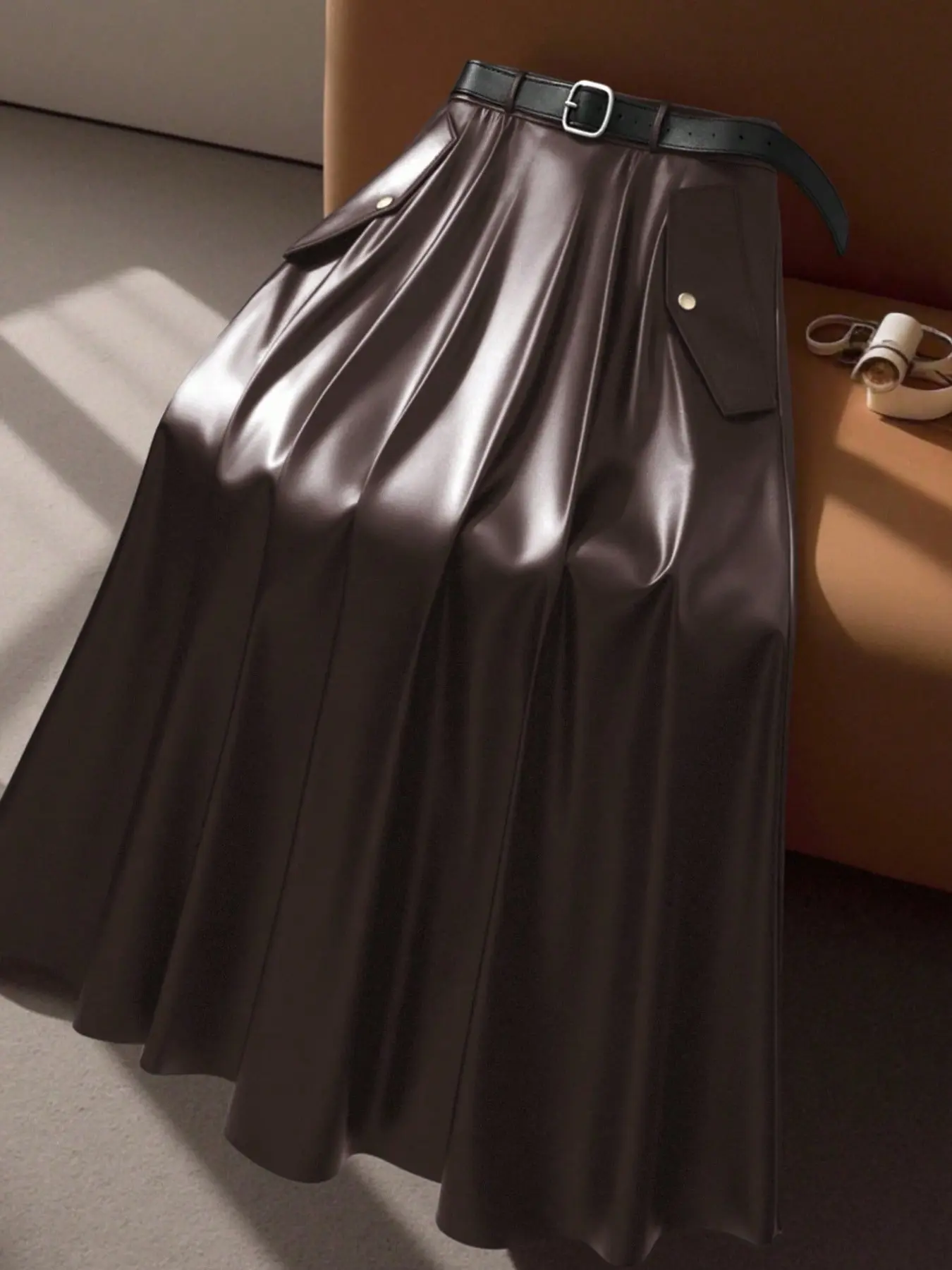 PU Leather Midi Skirt with Belt, Vintage High-Waisted Pleated Design, Rivet Pockets, Fall Winter Office Party Wear, Women's A-Line Skirt