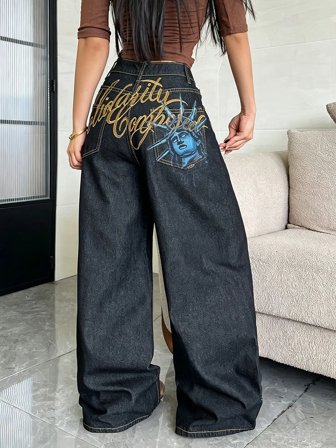Women's High-Waisted Wide-Leg Jeans Pants, Goddess Portrait Embroidered Letter Patchwork, Y2K Street Style, Loose Fit, All Seasons