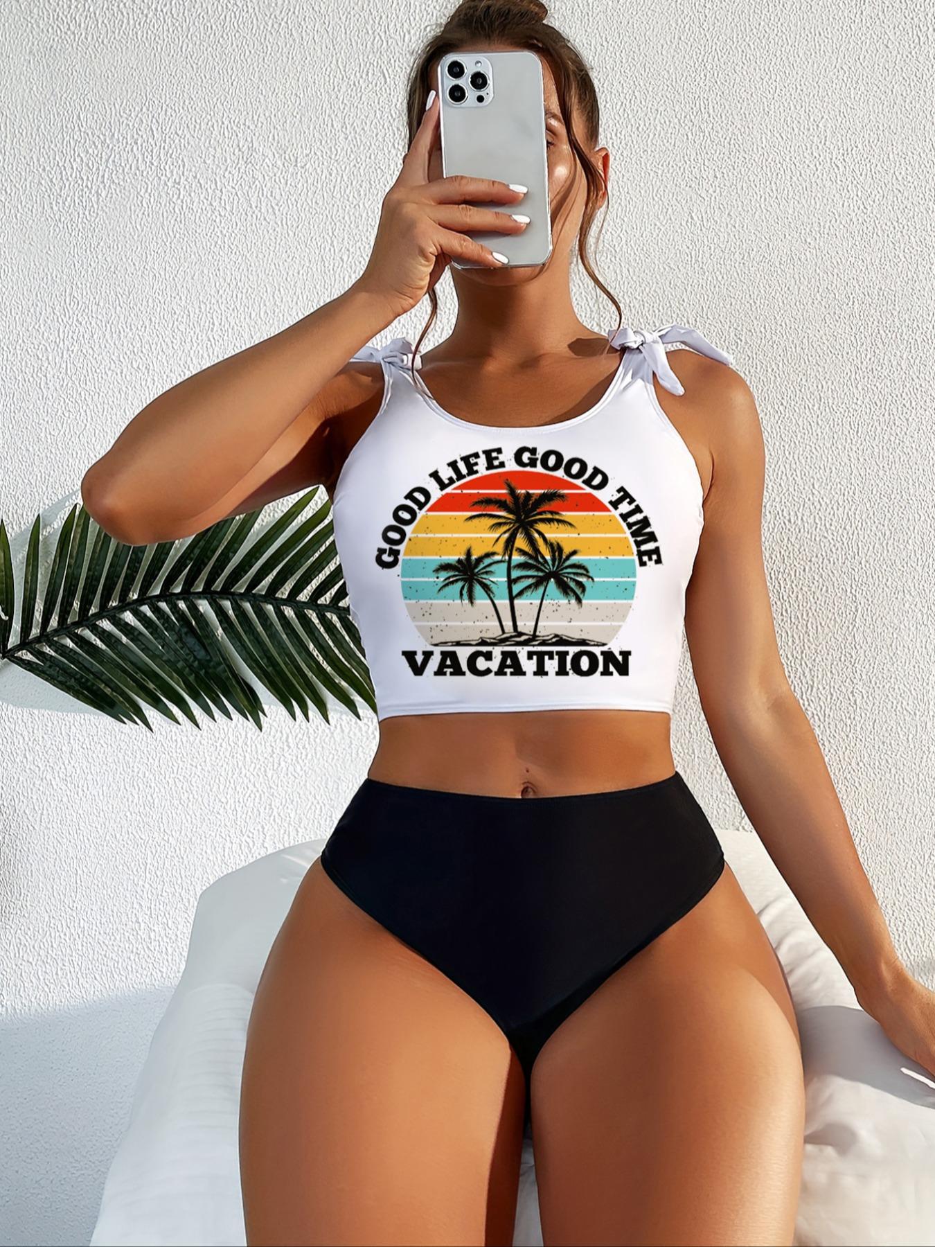 Women's Coconut Tree Print Swimsuit Crop Tankini Tops & Tankini Bottoms Swimsuits Sets, Bathing Suits, Casual Summer Swimwear Set for Beach Holiday, Tropical Print Tankini Swimsuits 2 Piece, Tankiniswimsuit, Tankinisuit, Swimming