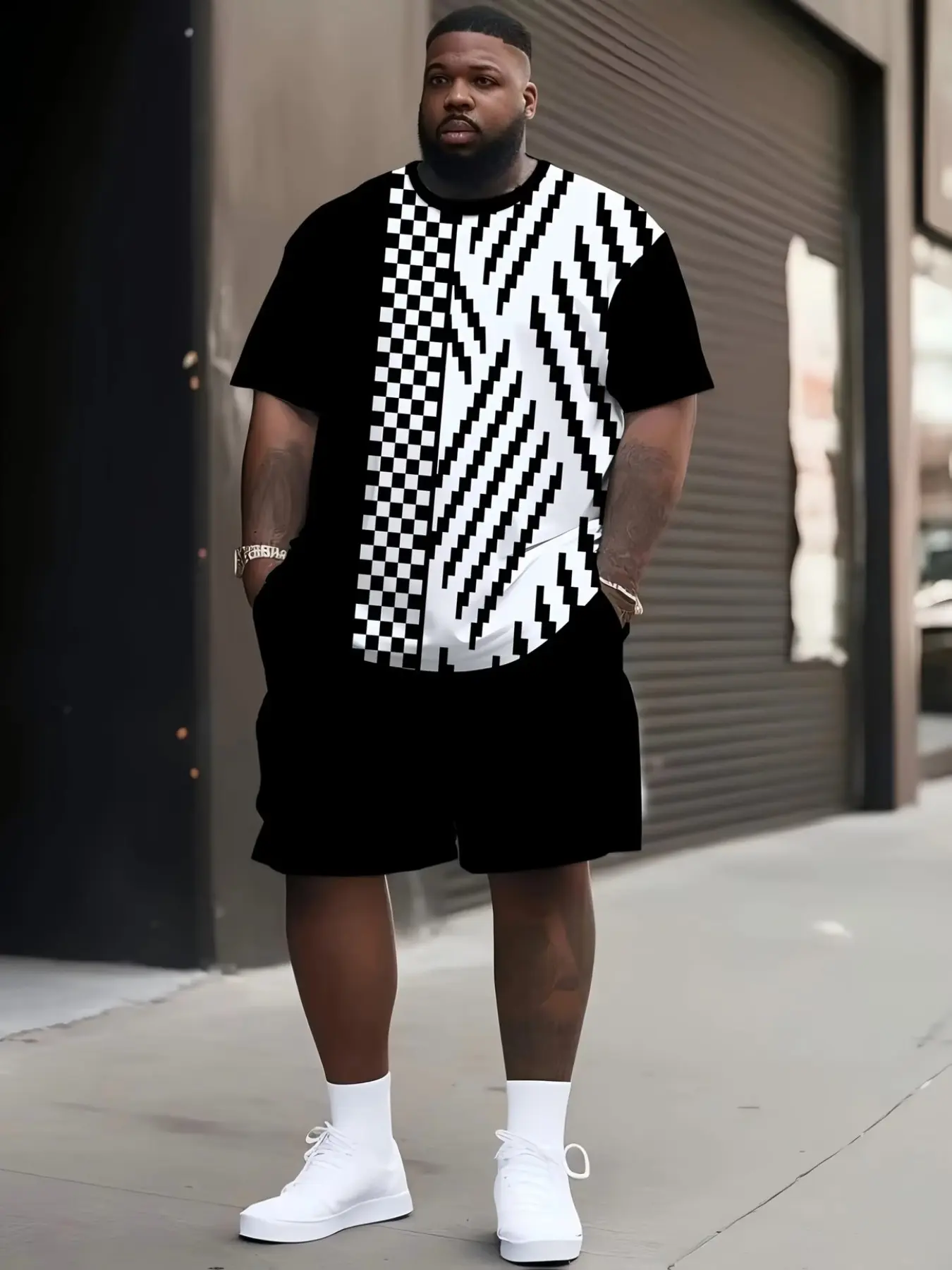 2-Piece Men's Plus Size 3D Digital Stripe Print Short Sleeve Tee and Shorts Set, Casual Summer Sports Wear, Party Gift