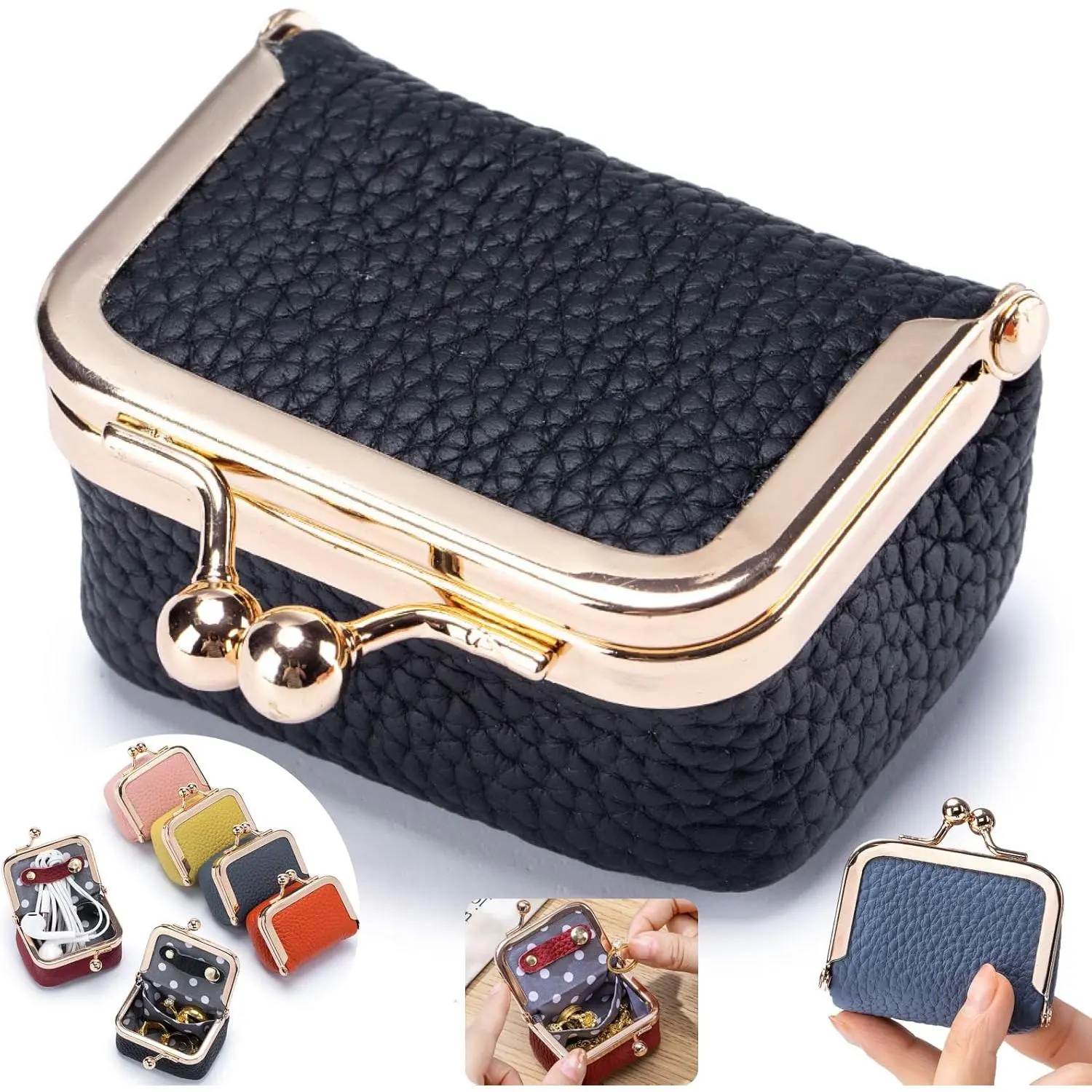 Genuine Leather Mini Jewellery Box - Vintage-Inspired Travel Home Organizer with Kiss Lock, Compact Black Storage for Girls' Earrings, Rings, Necklaces, Bracelets, Coin, Earphones - Ideal Gift for Her, Rectangular Storage Bin, Gifts, Khaki S 2.56In
