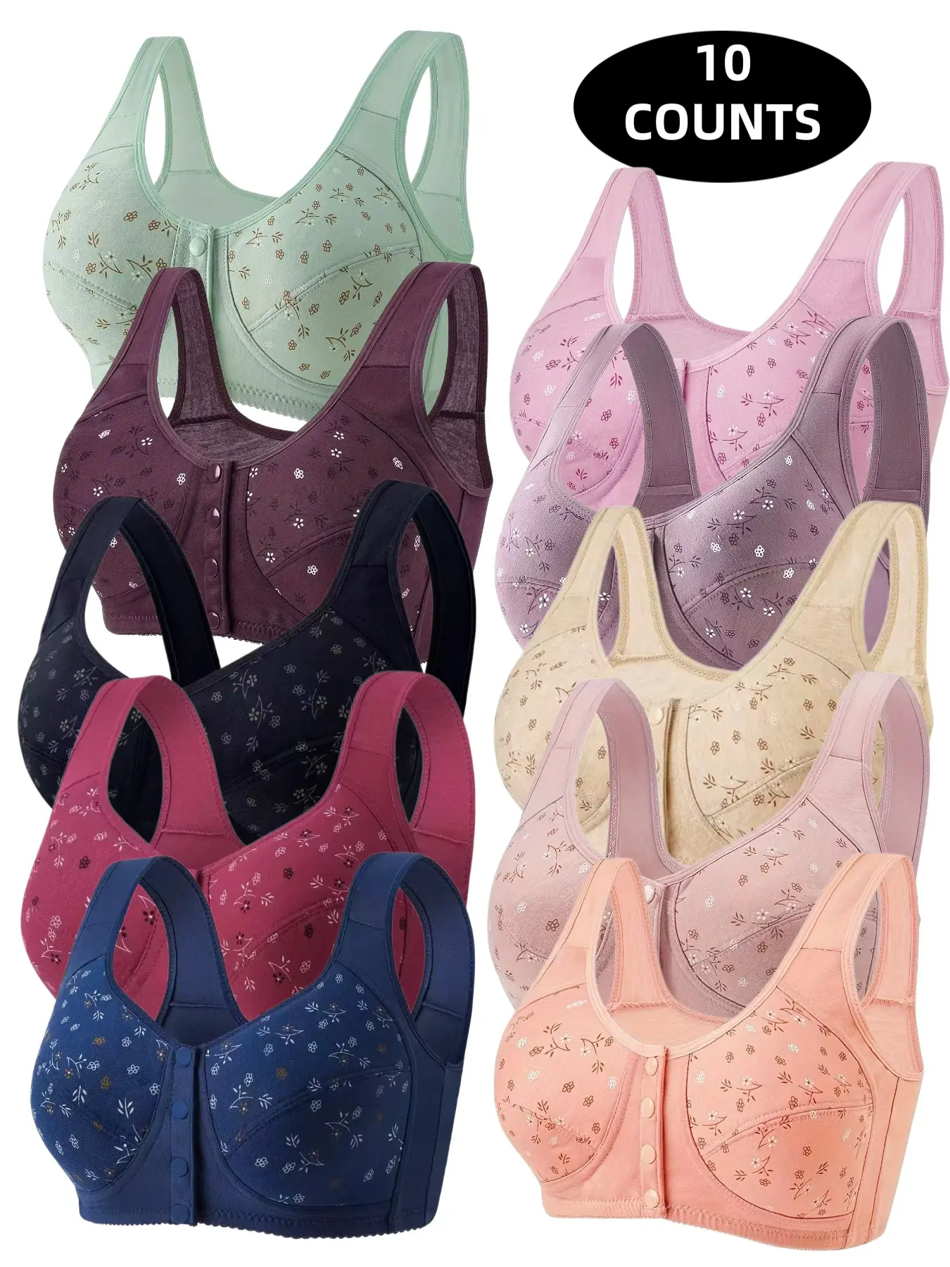 10-Pack Wireless Front Buckle Push-Up Bras, Seamless Comfort Fit, Daily Wear Underwire-Free Bra, Breathable Soft Fabric, Full Day Support