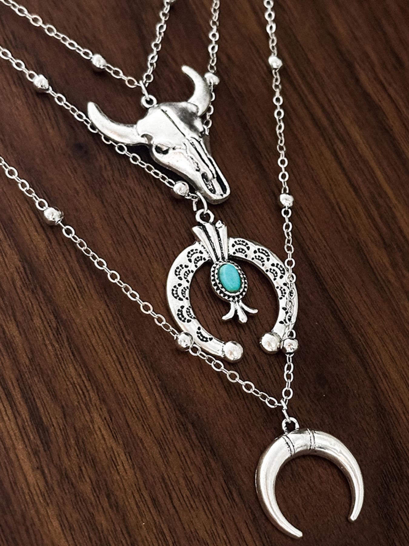 Western Cowboy Necklace Set, Vintage Style Necklace, Boho Style Necklace with Bull Head & Horseshoe & Flower & Cactus Pendant, Fashion Jewelry Accessories for Women & Men