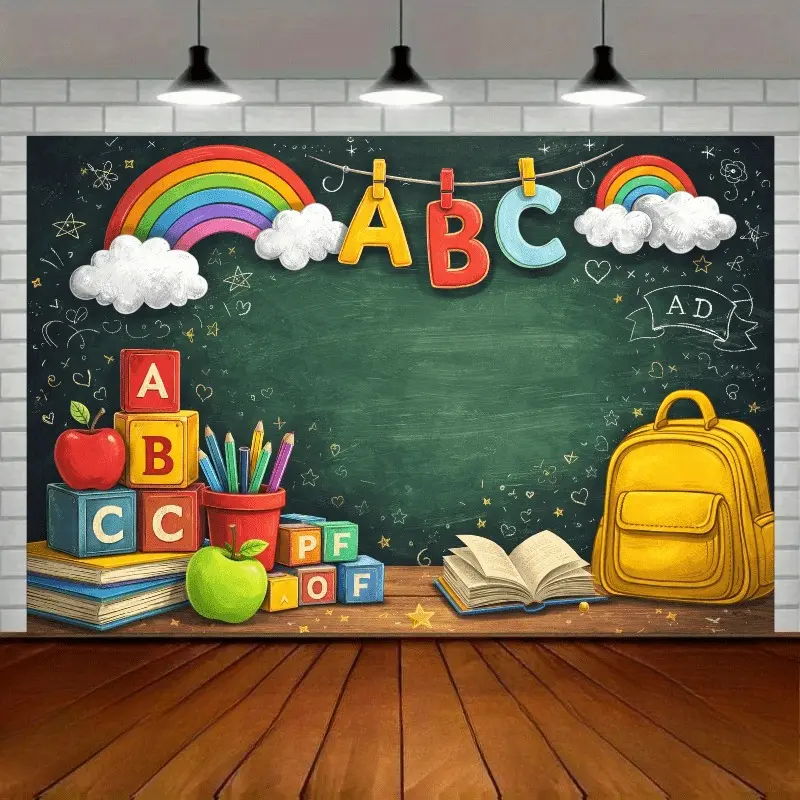 Retro Lightweight Multi-Size School Classroom Chalkboard Backdrop Banner - ABC Letters, Books, Pencils, Rainbow Elements - Gift, Decoration for Back to School Events, Photography, Polyester