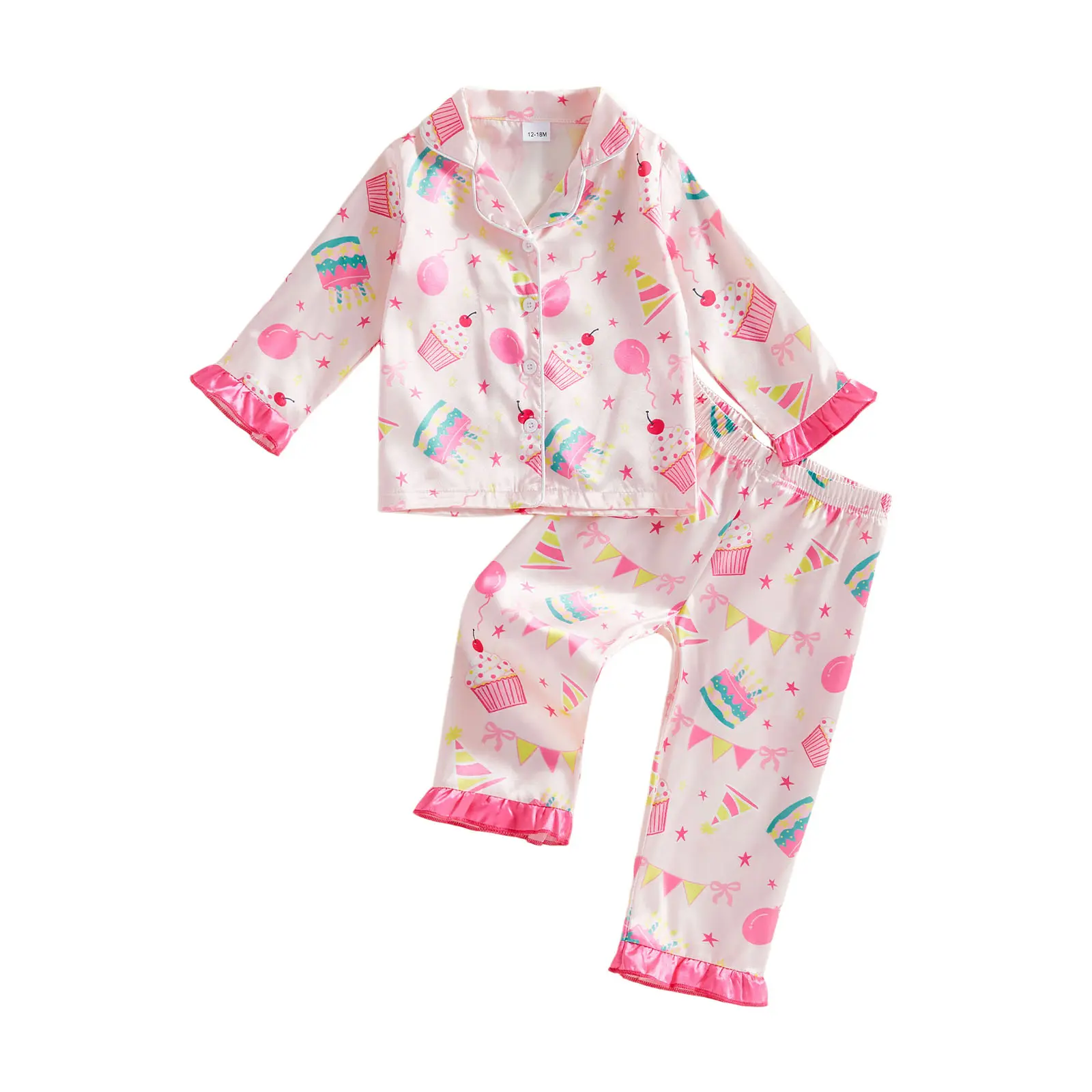 FOCUSNORM Toddler Girls Birthday Pajamas Long Sleeve Balloon Cake Print Button Down Shirt Pants Silk Satin Pjs Sleepwear Birthday Girl Outfit