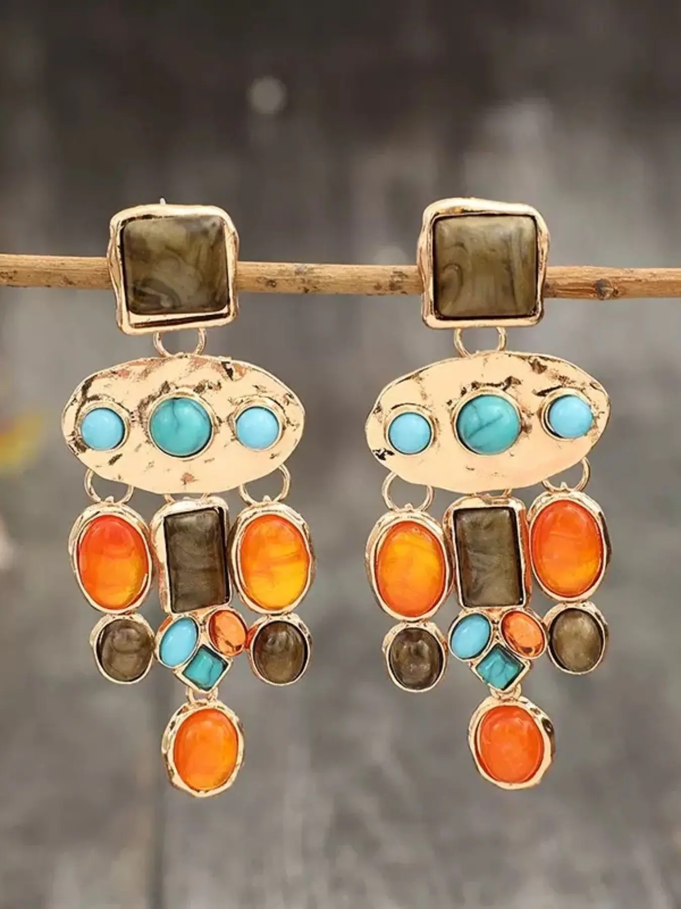 Vintage Turquoise Earrings, Geometric Pattern Long Dangle Elegant Style Design, Copper Material, Luxurious Statement Jewelry for Women, Perfect Gift Idea