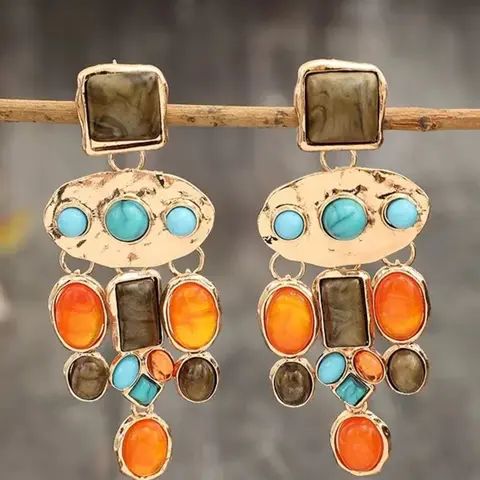 Vintage Turquoise Earrings, Geometric Pattern Long Dangle Elegant Style Design, Elegance, Copper Material, Luxurious Statement Jewelry for Women, Perfect Gift Idea