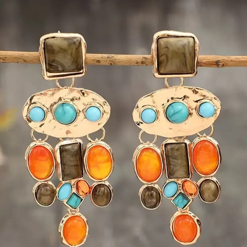 Vintage Turquoise Earrings, Geometric Pattern Long Dangle Elegant Style Design, Elegance, Copper Material, Luxurious Statement Jewelry for Women, Perfect Gift Idea