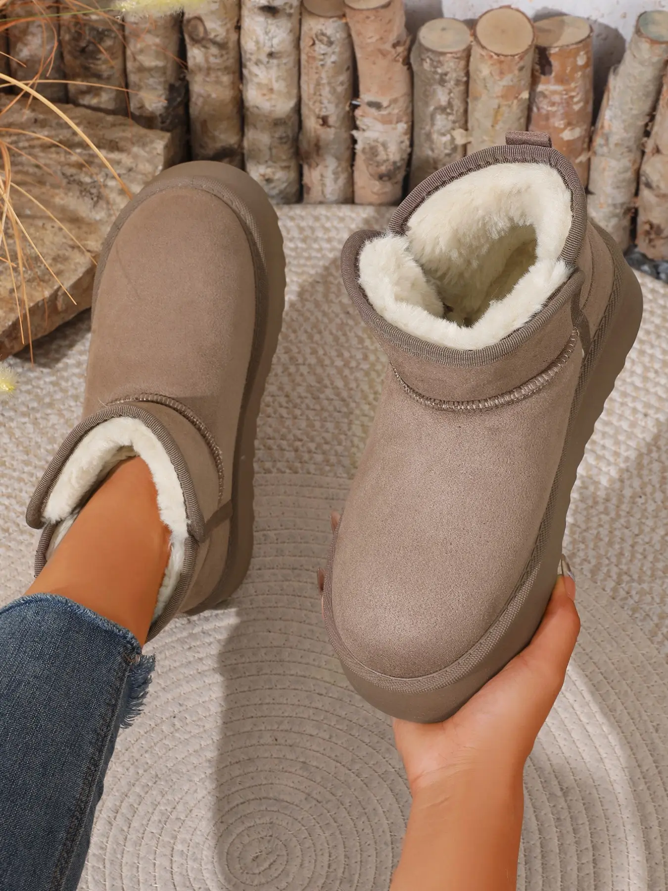 Winter Women's Thick Sole Snow Boots, Classic Faux Suede Lined Short Cuff Cotton Shoes, Anti-Slip Warm Fur Boots