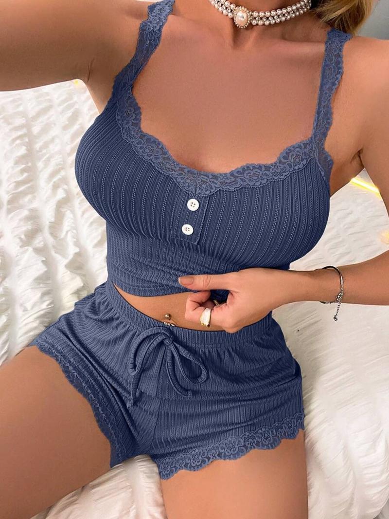 Women's Sleepwear Set, Three-Piece Round Neck Lace Trim Pajamas, Soft Breathable Comfort Casual Home Wear, Tank Top Shorts Long Pants
