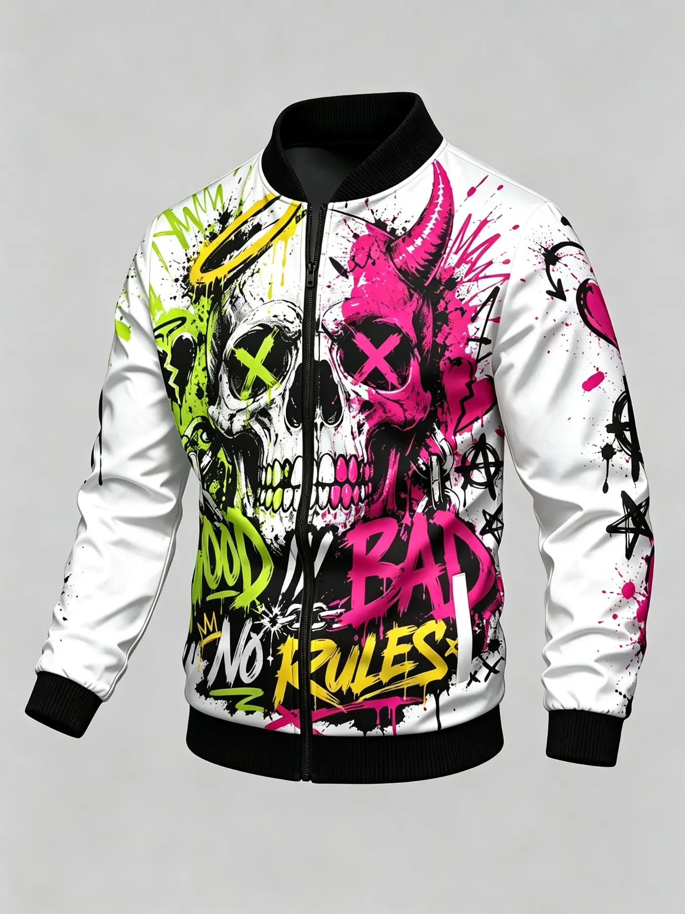 Men’s Y2K Streetwear Graphic Bomber Jacket, Full Print Graffiti Zip Up Outerwear, Ribbed Collar Cuff Hem, Casual Loose Fit Long Sleeve Coat For Daily Party Club Wear Men Outfits.