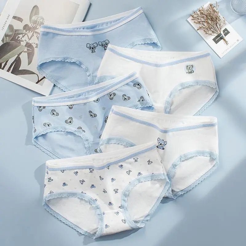 Women's Cotton Underwear 5-Pack, Koala Print Mid-Rise Briefs with Lace Trim, Soft & Breathable Stretchy Panties, 5Pcs, Underwear For Women, Satin, Mid Waist, Breathable Comfy Knicker, Casual Comfy Panty, Stretchy Lace, Cute, M, Adults, Solid